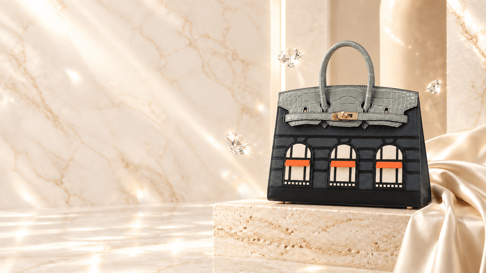 Hermès Birkin 20 Faubourg Rainy Days handbag surrounded by floating diamonds