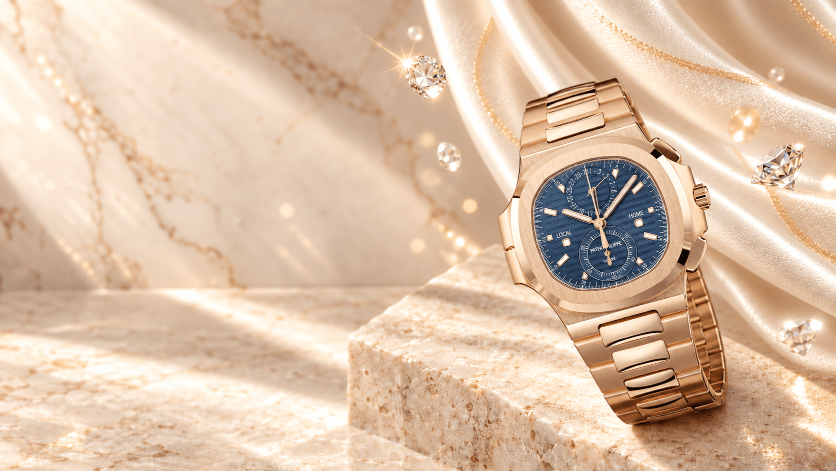 Patek Philippe Nautilus 5990/1R-001 Blue rose-gold watch surrounded by floating diamonds